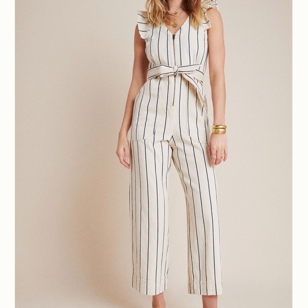 Anthropologie Cream and Navy Striped Linen-Blend Jumpsuit